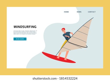 Web banner or landing page for windsurfing water sport with cartoon character of surfer, flat vector illustration. Extreme sport activity and entertainment for tourists.