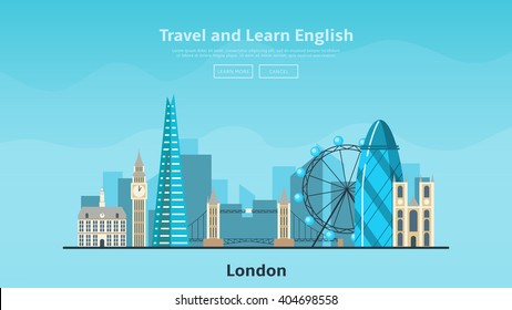 Web banner of language school. Background with modern flat design of urban landscape with city buildings of London. Vector illustration.