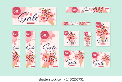 Web Banner Layout Set with Ice Cream cone, splashes and Fruit Illustrations. Summer sale vector templates pack: Square; Leaderboard; Inline/Medium rectangle; Skyscraper; Wide Skyscraper; Half-Page Ad