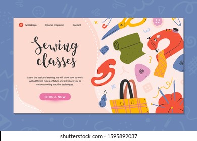 Web banner layout for sewing classes, online course or workshop. Hand drawn illustrations of sewing tools, simple modern style. Pre-made landing for dressmaking, tailoring school, enroll now button