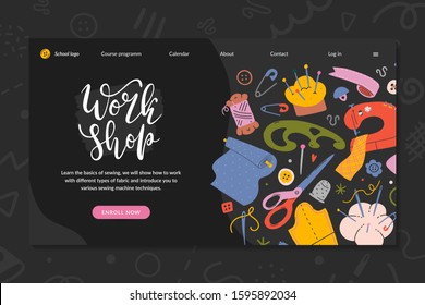 Web banner layout for sewing and crafts workshop announcement. Hand drawn illustrations of sewing and tools with lettering. Pre-made header for creative professional education for sewer or tailor