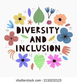 Web banner with lettering and different colors and sizes flowers. The concept of inclusion and diversity in society. Vector flat design