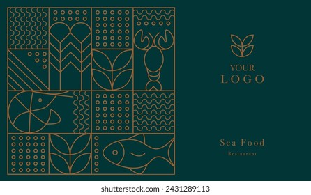 Web banner. Line geometric mosaic seamless pattern illustration. Fish and seafood geometric pattern. Natural food background creative simple, agriculture vector design. Healthy Food pattern