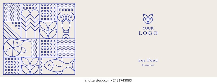 Web banner. Line geometric mosaic seamless pattern illustration. Fish and seafood geometric pattern. Natural food background creative simple, agriculture vector design. Healthy Food pattern