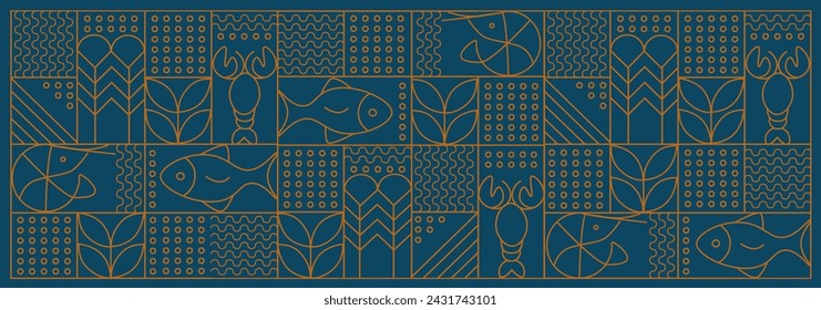 Banner web. Ilustración de patrón sin costura de mosaico geométrico de línea. Patrón geométrico de pescado y marisco. Fondo de alimentos naturales simple creativo, diseño de vector de agricultura. Patrón de alimentos saludables