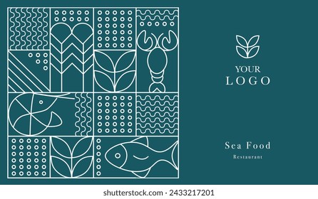 Web banner. Line geometric mosaic seamless pattern illustration. Fish and seafood geometric pattern. Natural food background creative simple, agriculture vector design. Healthy Food pattern