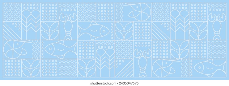 Web banner. Line geometric mosaic seamless pattern illustration. Fish and seafood geometric pattern. Natural food background creative simple, agriculture vector design. Healthy Food pattern