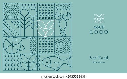 Web banner. Line geometric mosaic seamless pattern illustration. Fish and seafood geometric pattern. Natural food background creative simple, agriculture vector design. Healthy Food pattern