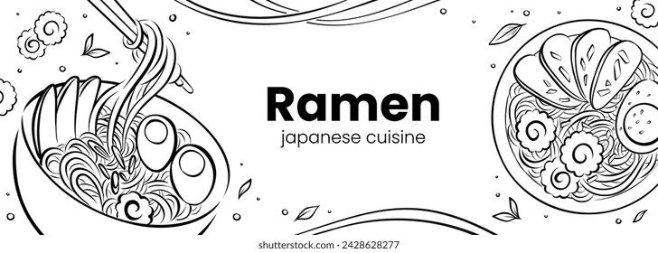 Web banner with line illustrations of Asian Ramen bowls. Vector sketch drawing of Japanese cuisine isolated on white background. Stylized art for menu, advertising, social media, or print.