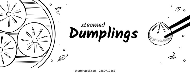 Web banner with line illustrations of Asian steamed dumplings. Vector sketch drawing of the traditional oriental dish from dough with filling. Hand-drawn design for website, advert, or menu.