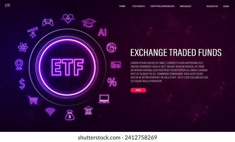 A web banner with the logo of ETF exchange traded funds in a neon frame on a blue and purple background. The concept for the stock market.
