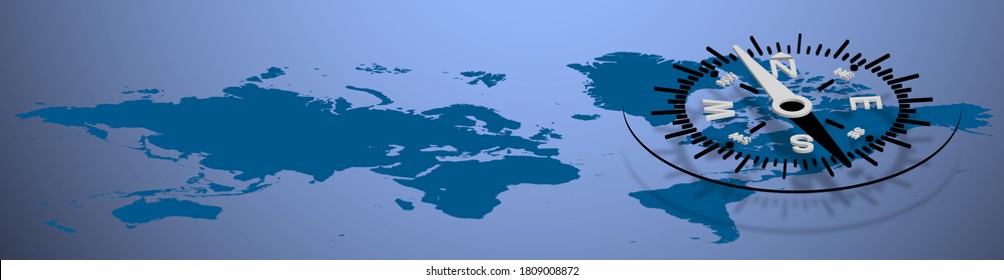 Web banner magnetic compass with an arrow on the background of the continents of the earth. A device for determining the location and direction of movement. Choosing the direction of world economy