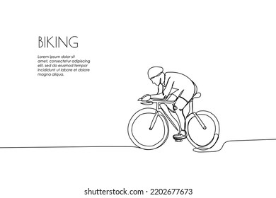 Web banner with man in a protective helmet rides a bicycle one line art. Continuous line drawing of promotion poster training, sport, leisure, race, bike, teenager, cycle racing, extreme, woman, man.