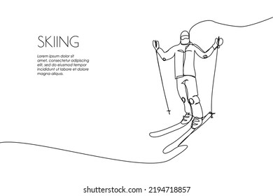 Web banner man skiing down the mountain one line art. Continuous line drawing of promotion poster sport, winter sports, tricks, skis, ski poles, goggles, extreme, uniform, man, woman, leisure, hobby