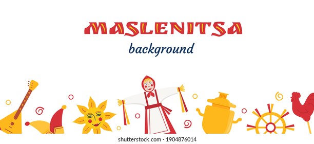 Banner web de la Semana del Panqueque Maslenitsa. Traducción al ruso - Wide Shrovetide . Doll Scarecrow con vestido étnico. Antecedentes del Festival de Primavera. Vector eslavo de vacaciones con lugar para texto en blanco.