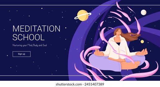 Web banner of meditation classes. Advertising of yoga training. Girl practices enlightenment in calm space. Woman sits in asana, lotus pose. Zen, harmony, mental health. Flat vector illustration