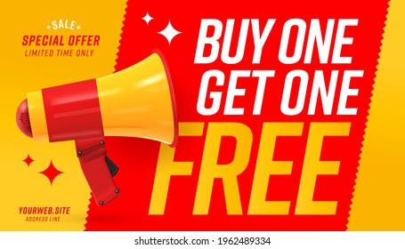 Web banner with megaphone announcing buy one get one free. Poster template advertising special sale offer with limit in time. Realistic loudspeaker design and promotion text vector illustration