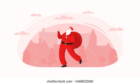 Web banner for Merry Christmas. Vector illustration. Holiday concept in flat style. Christmas Santa Claus carries red bag. Happy New Year card.