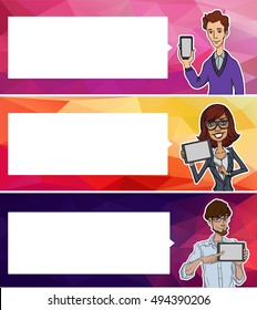 Web banner with mobile app, smartphone, tablet. Vector banners or headers with abstract background. Woman and man keep mobile devices and talking on bubble text. Ads banner presentation for Hackathon 