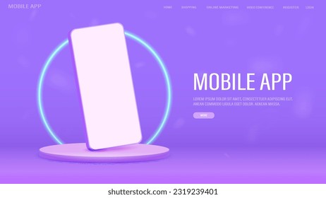 Un banner web para una aplicación móvil y compras en línea con un diseño de teléfono móvil. Un smartphone en el podio en color morado y rosa con un marco verde.