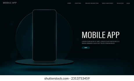 Web banner for mobile apps and online store. Smartphone on the podium with a glass circle.