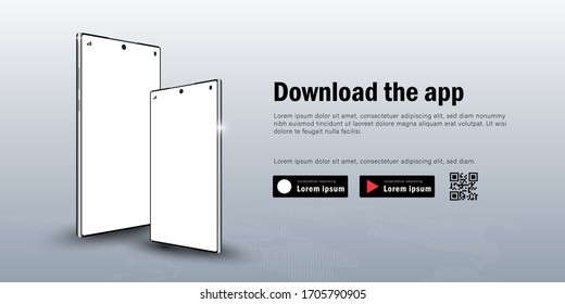 Web banner of Mobile Smartphone mockup with Advertisement for downloading the app, QR Code and buttons template