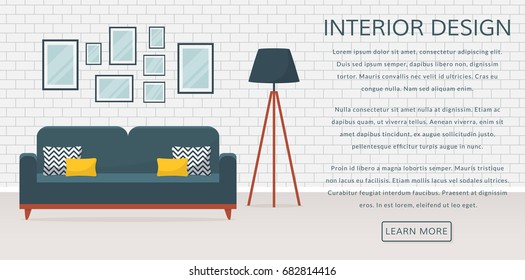 Web banner with modern interior of the living room and place for text. Design of a cozy room with sofa, floor lamp and decor accessories. Vector illustration.