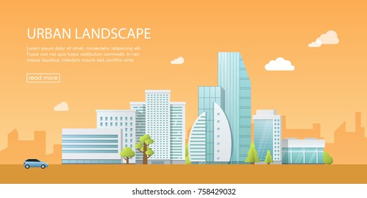Web banner modern vector illustration of urban landscape with buildings, shop and stores, transport. Flat city on orange background.