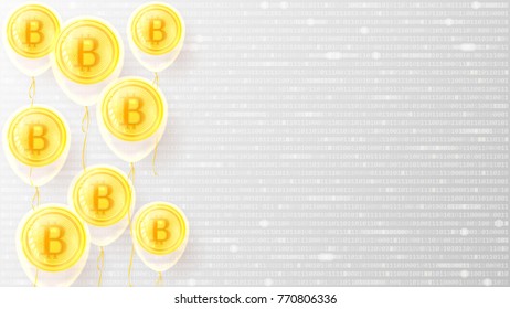 Web Banner with Modern Virtual Currency and Bitcoin Concept. Background with Digital Cryptocurrency in Transparent Balloons. Vector Illustration with Binary Computer Code. Crypto Mining Technology.