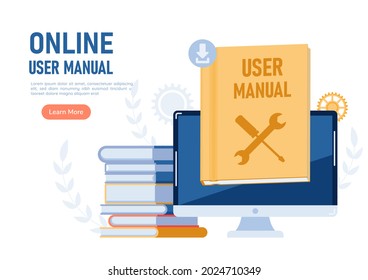 Webbanner-Monitor mit Handbuch für Benutzer. Online-Benutzerhandbuch oder Instruction Book Concept.