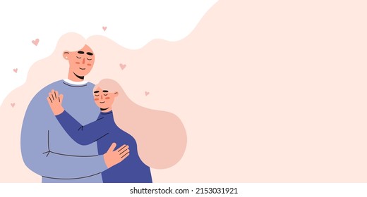 Web banner with Mother and child. Mom hugs her daughter with great love and tenderness. Mother's day, holiday concept. Flat vector illustration isolated on white background