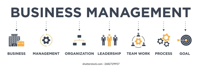 Web banner with multiple icon illustrations with a business management theme