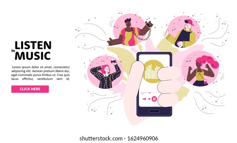 Web banner with music app on mobile phone sketch cartoon vector illustration.