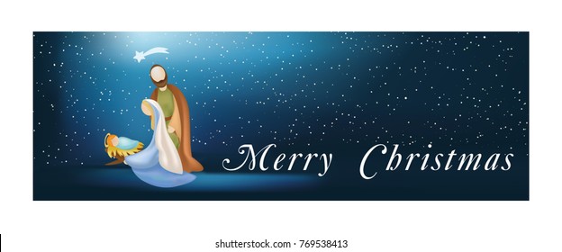 Web banner nativity scene with holy family - merry christmas -on blue background
