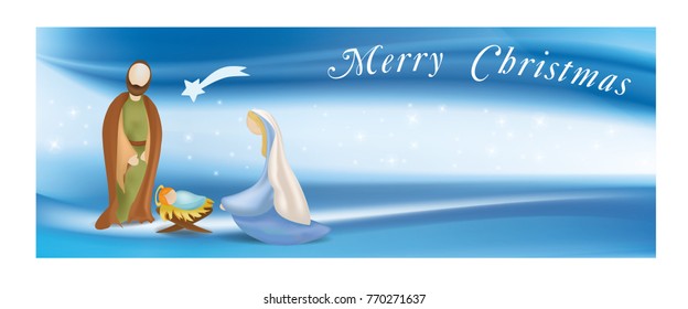 Web banner nativity scene with holy family - Jesus - Mary - Joseph - text merry christmas -on elegant blue background