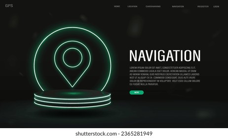 Un banner web con un pin del navegador en el podio con un marco de neón en verde. concepto de GPS.