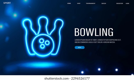 A web banner with a neon bowling pins and a bowling balll on a blue background.