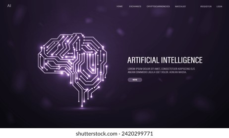 A web banner with neon brains from neural networks. A concept for artificial intelligence AI with text.