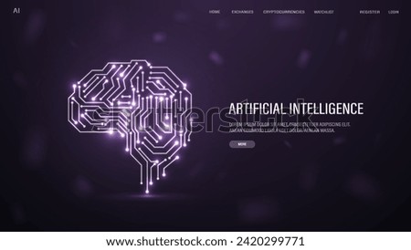 A web banner with neon brains from neural networks. A concept for artificial intelligence AI with text.