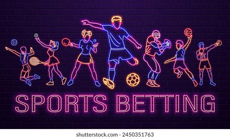 A web banner with neon bright football, basketball, tennis, ping pong, boxing and volleyball players on a brick wall background. A concept for sports betting.