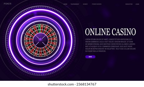 Banner web con una ruleta brillante de neón para un casino en azul sobre un fondo morado oscuro.