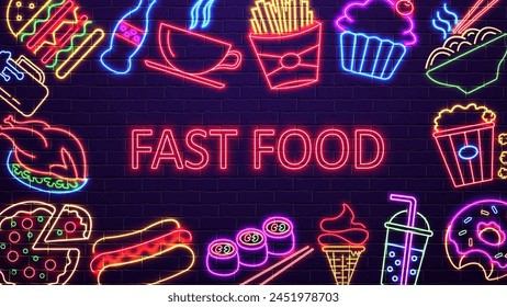 A web banner with a neon burger, sushi, soda, beer, donut, hot dog and French fries. A concept for fast food and cafes.