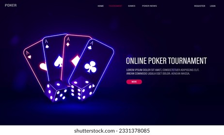 A web banner with neon cards with bright dice for casino and poker on a dark background with text.