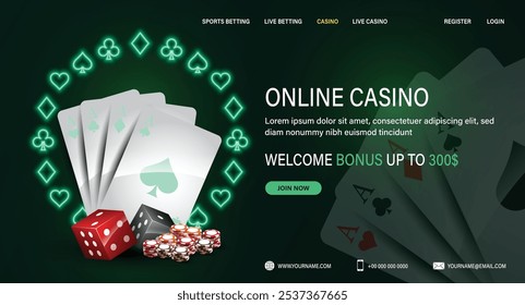 A web banner with neon cards and dice for poker with a slot machine and roulette, chips for casinos online in a frame of their suits on a green background.