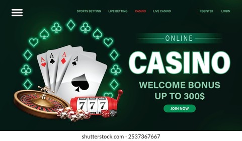 Um banner web com cartões de néon e dados para poker com uma máquina de fenda e roleta, fichas para casinos online em uma moldura de seus ternos em um fundo verde.