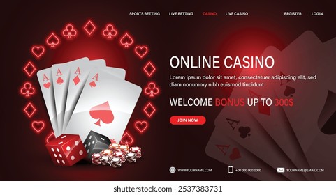 A web banner with neon cards and dice for poker with a slot machine and roulette, chips for casinos online in a frame of their suits on a red background.
