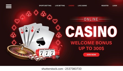 A web banner with neon cards and dice for poker with a slot machine and roulette, chips for casinos online in a frame of their suits on a red background.