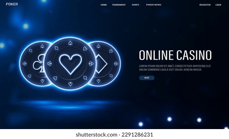 Banner web con fichas de neón casino en un fondo azul.