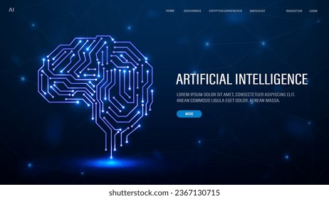 A web banner with a neon halogen brain from neural networks for artificial intelligence AI in blue with text.