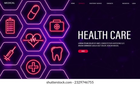 Web banner with neon icons of medicine: capsules, heart, syringe, document, tablet in hexagons in pink and purple. A concept for healthcare with text.